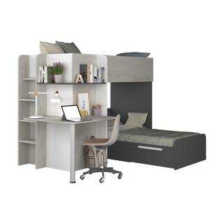 Vente-unique Lits superposés d'angle 2 x 90 x 190 cm - Avec bureau - Gris, blanc et noir - SAMUEL  