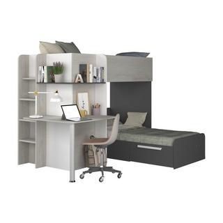 Vente-unique Eck-Hochbett - 2 x 90 x 190 cm -  mit Schreibtisch - Weiß, Schwarz & Grau - SAMUEL  