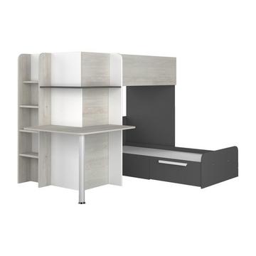 Eck-Hochbett - 2 x 90 x 190 cm -  mit Schreibtisch - Weiß, Schwarz & Grau - SAMUEL