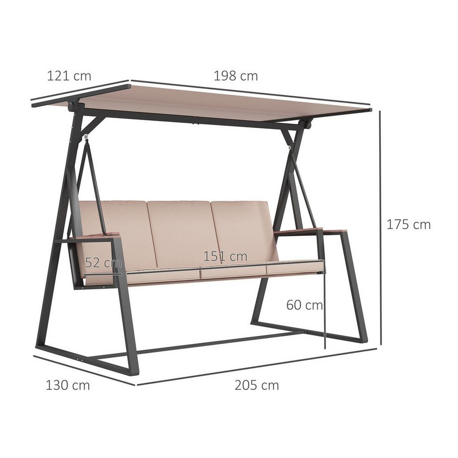 Northio Hollywoodschaukel 3-Sitzer Schaukelbank mit Kissen und verstellbarem Dach bis 300 kg Khaki 205x130x175 cm für Garten und Terrasse  