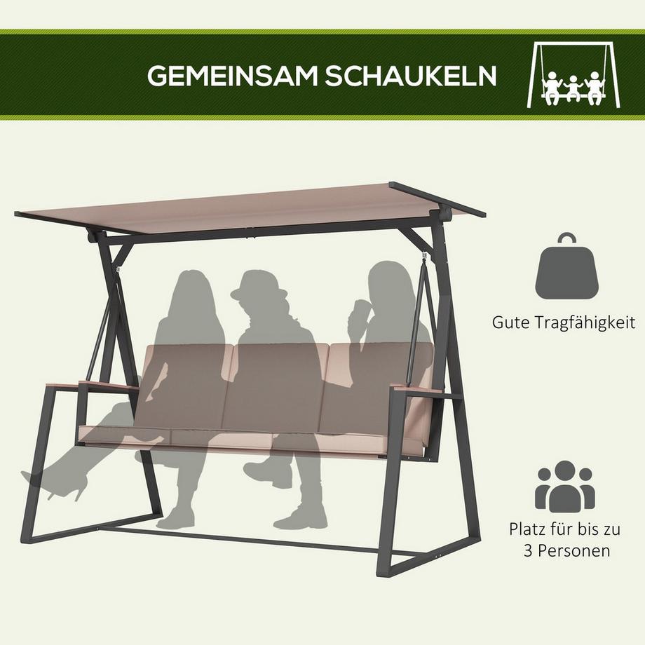Northio Hollywoodschaukel 3-Sitzer Schaukelbank mit Kissen und verstellbarem Dach bis 300 kg Khaki 205x130x175 cm für Garten und Terrasse  