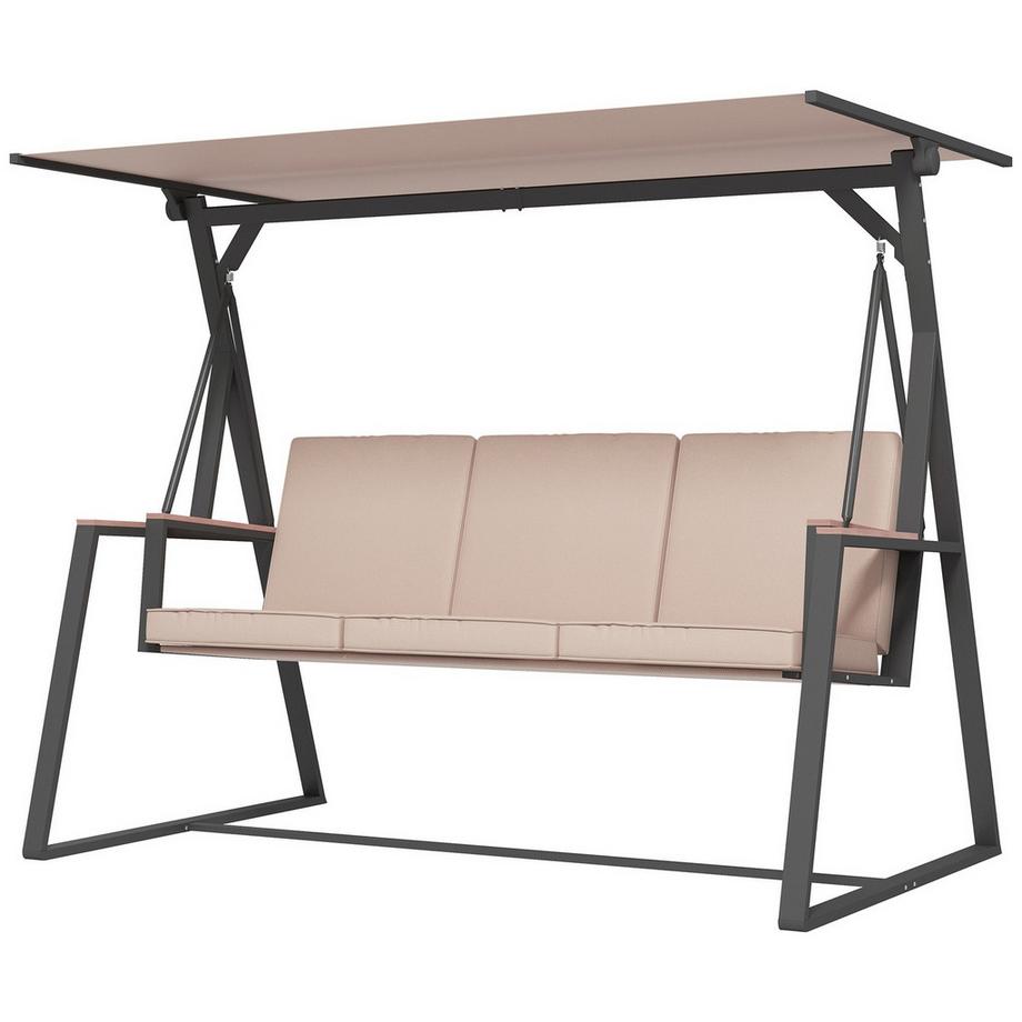 Hollywoodschaukel 3-Sitzer Schaukelbank mit Kissen und verstellbarem Dach bis 300 kg Khaki 205x130x175 cm für Garten und Terrasse