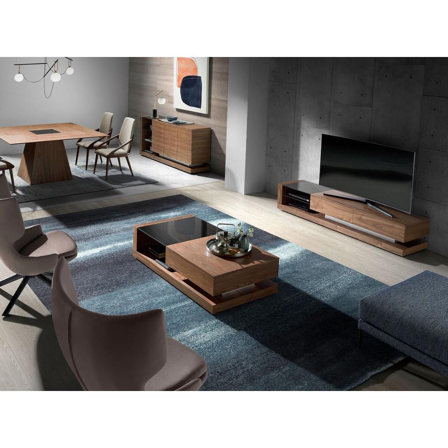 ANGEL CERDA Meuble TV noyer, acier poli et plateau en verre noir  