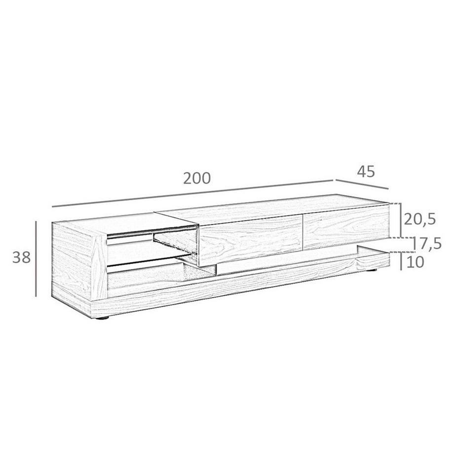 ANGEL CERDA Meuble TV noyer, acier poli et plateau en verre noir  