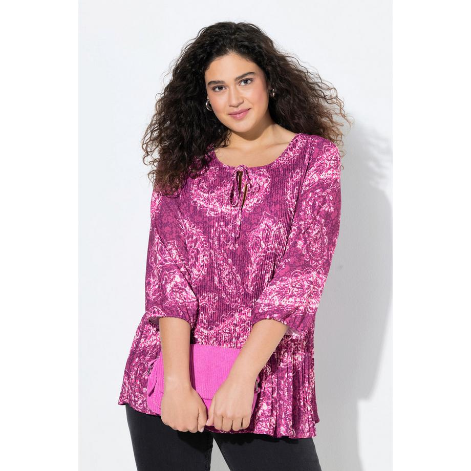 Ulla Popken Chemisier Plissé Paisley Col Rond Manches 3/4 Double Couche  