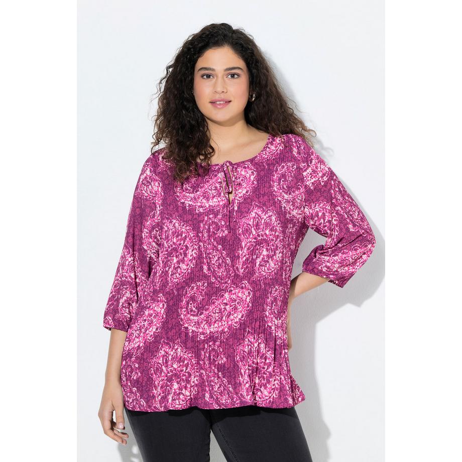 Ulla Popken Chemisier Plissé Paisley Col Rond Manches 3/4 Double Couche  