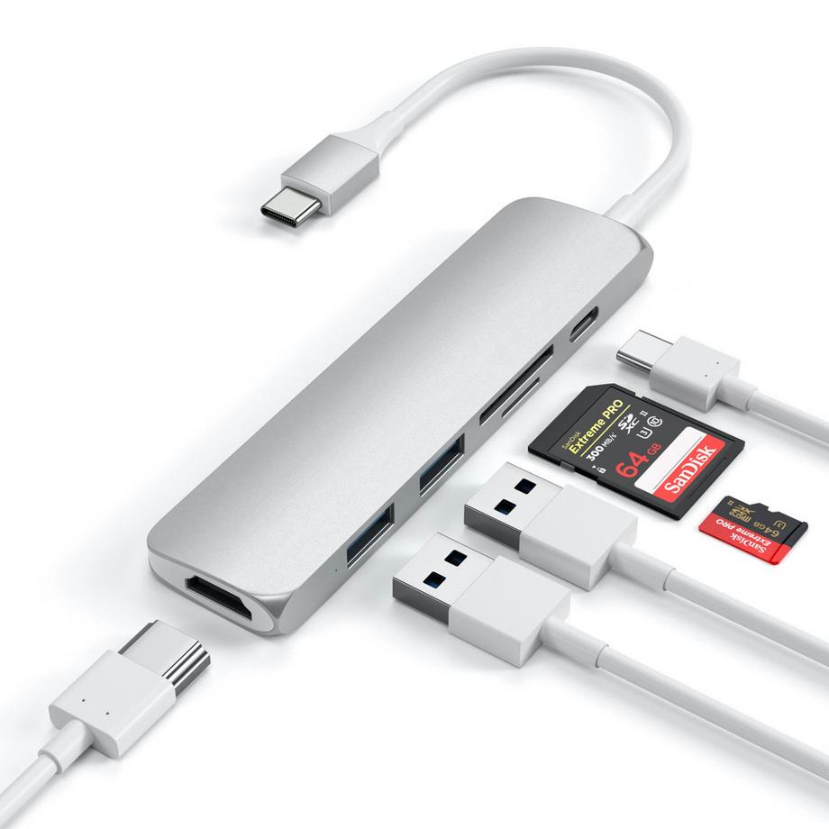 SATECHI  USB-C Slim Adaptateur Aluminium Multiport V2 avec fonction de charge, vidéo HDMI 4K, 2x USB 3.0 et port pour lecteur de carte Micro/SD 