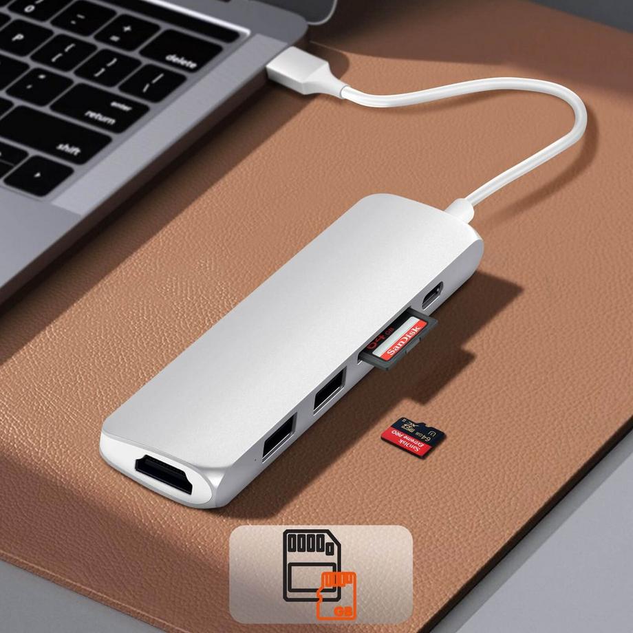 SATECHI  USB-C Slim Adaptateur Aluminium Multiport V2 avec fonction de charge, vidéo HDMI 4K, 2x USB 3.0 et port pour lecteur de carte Micro/SD 