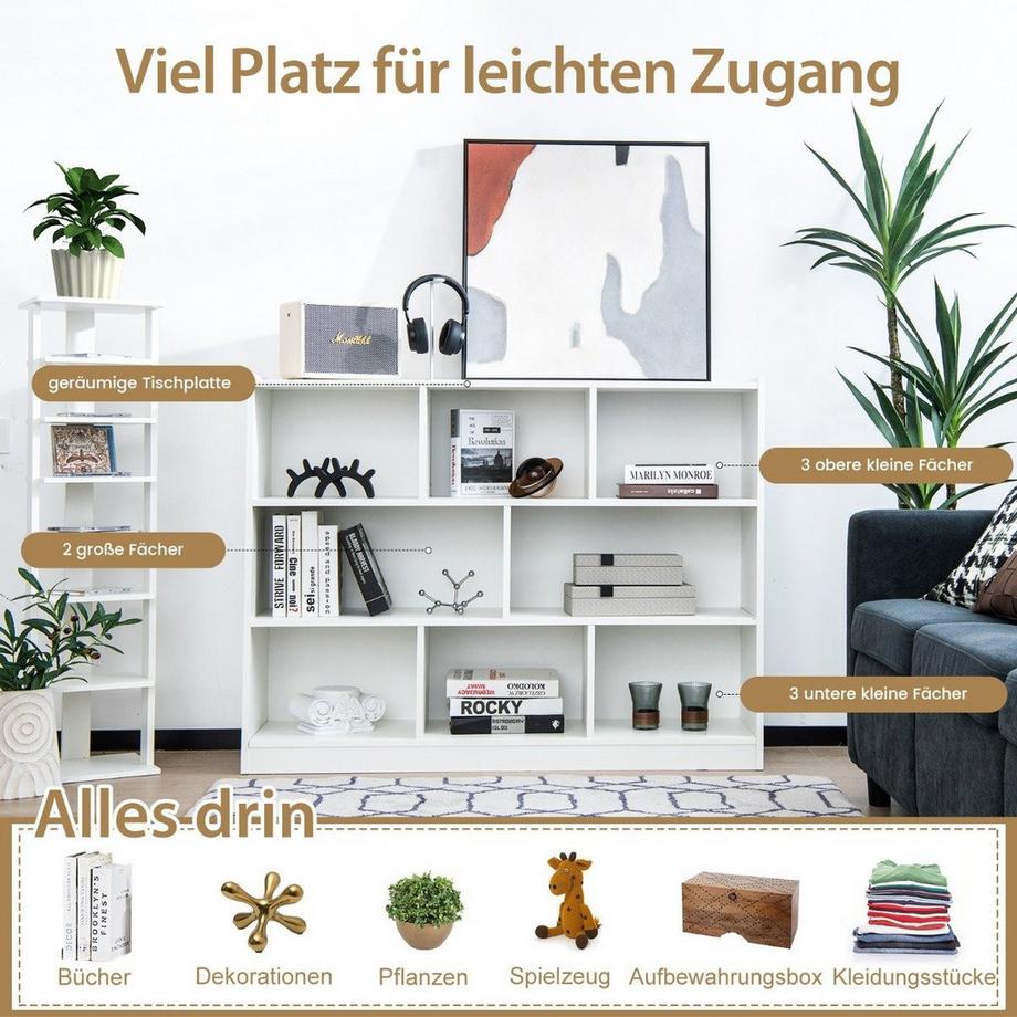 B2X Bücherregal mit 8 Fächern 3-stufiges Standregal für Wohnzimmer  