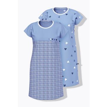 Camicie da notte in confezione doppia con quadri/cuori, scollo a girocollo e mezze maniche