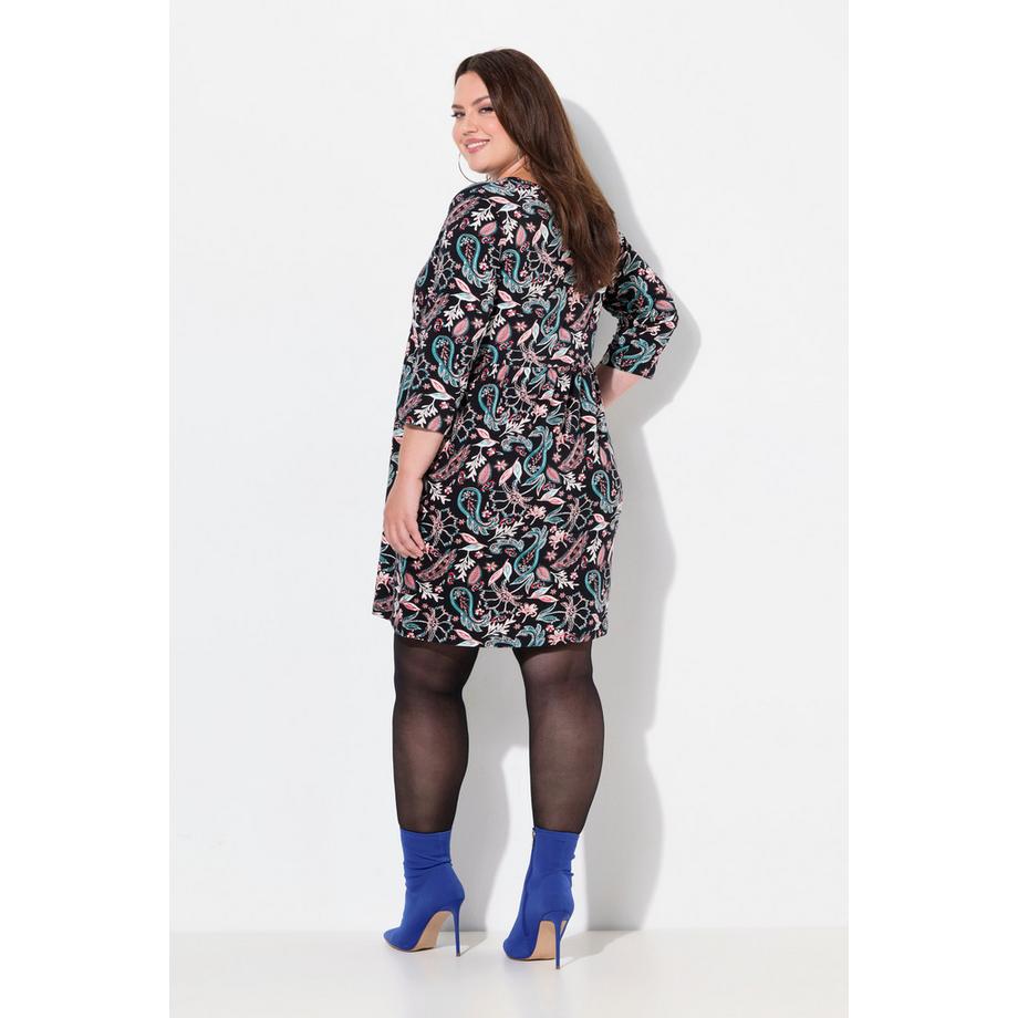 Ulla Popken Robe en jersey Paisley Coupe évasée Col tunisien Manches 3/4  