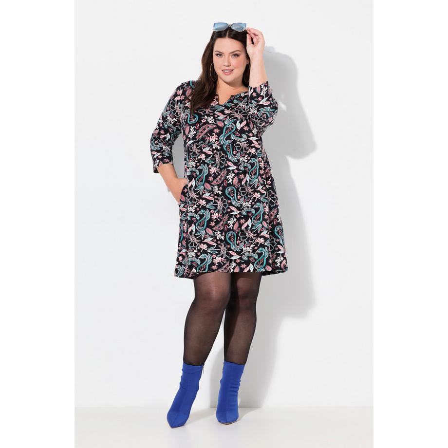 Ulla Popken Robe en jersey Paisley Coupe évasée Col tunisien Manches 3/4  