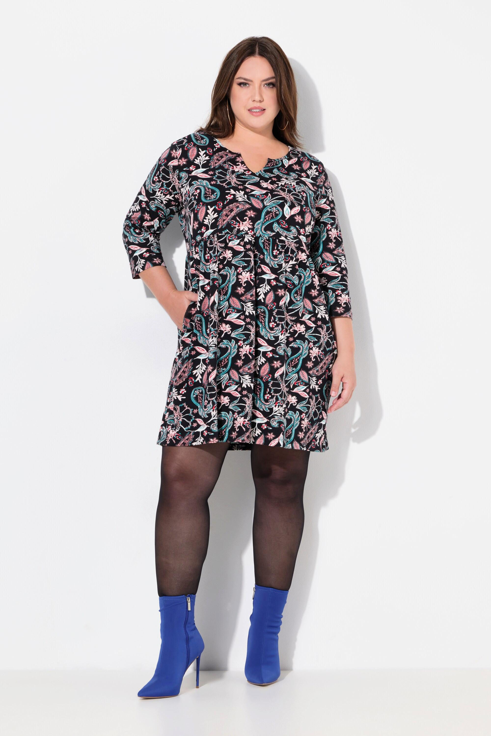 Ulla Popken Jerseykleid Paisley A-Linie Tunika-Ausschnitt 3/4-Arm  