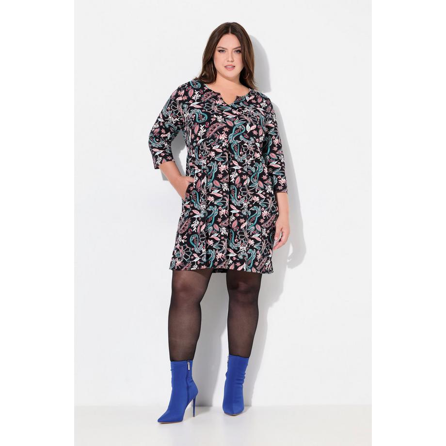 Ulla Popken Robe en jersey Paisley Coupe évasée Col tunisien Manches 3/4  