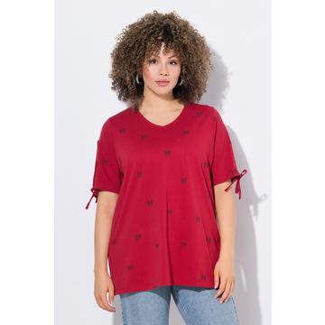 T-shirt coupe évasée, motif petits nœuds, décolleté en V et manches courtes