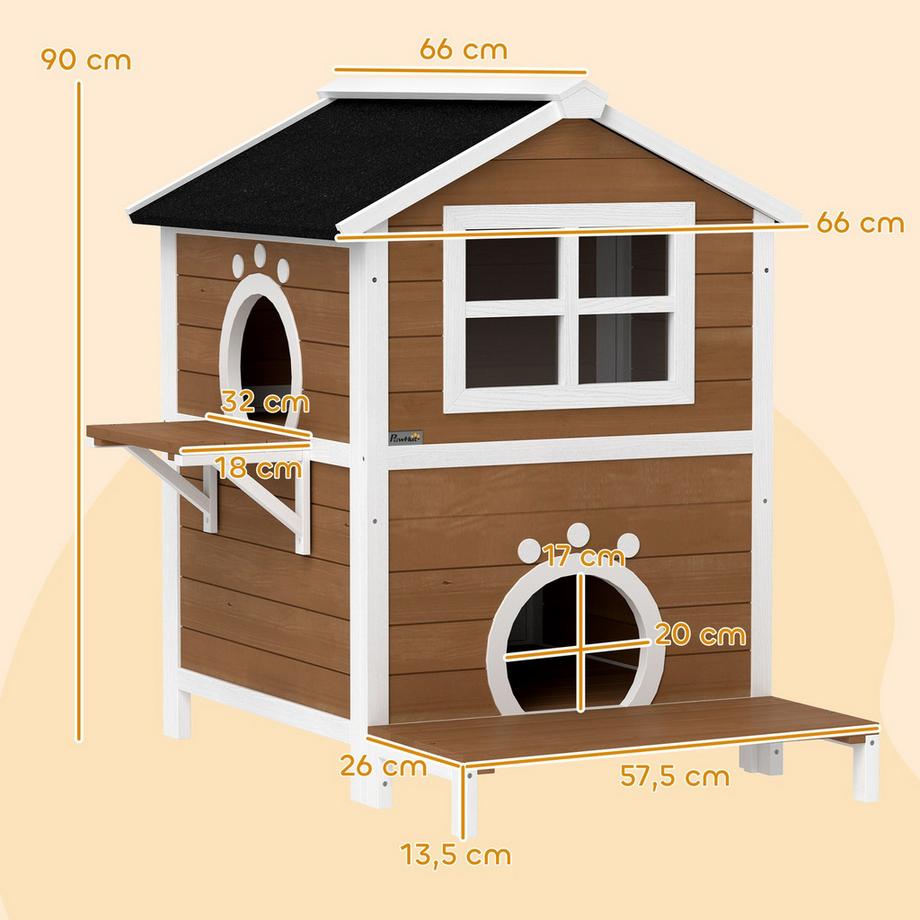 Northio  Katzenhaus aus Holz Katzenhöhle mit Fenster, Balkon, Wetterfest Katzenhütte mit 2 Ebenen, herausnehmbarem Boden, für 1-2 Katzen, Indoor, Outdoor, 66 x 66 x 90 cm, Braun 