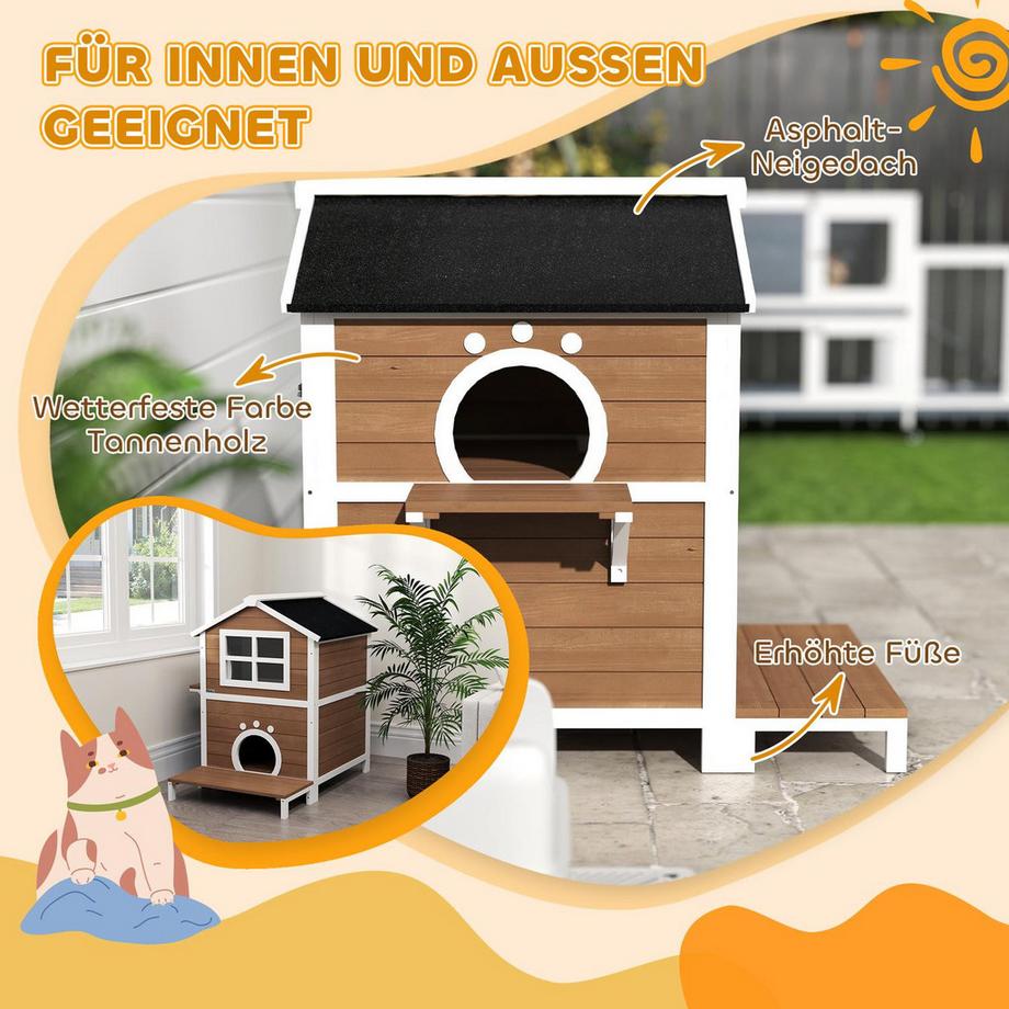 Northio  Katzenhaus aus Holz Katzenhöhle mit Fenster, Balkon, Wetterfest Katzenhütte mit 2 Ebenen, herausnehmbarem Boden, für 1-2 Katzen, Indoor, Outdoor, 66 x 66 x 90 cm, Braun 