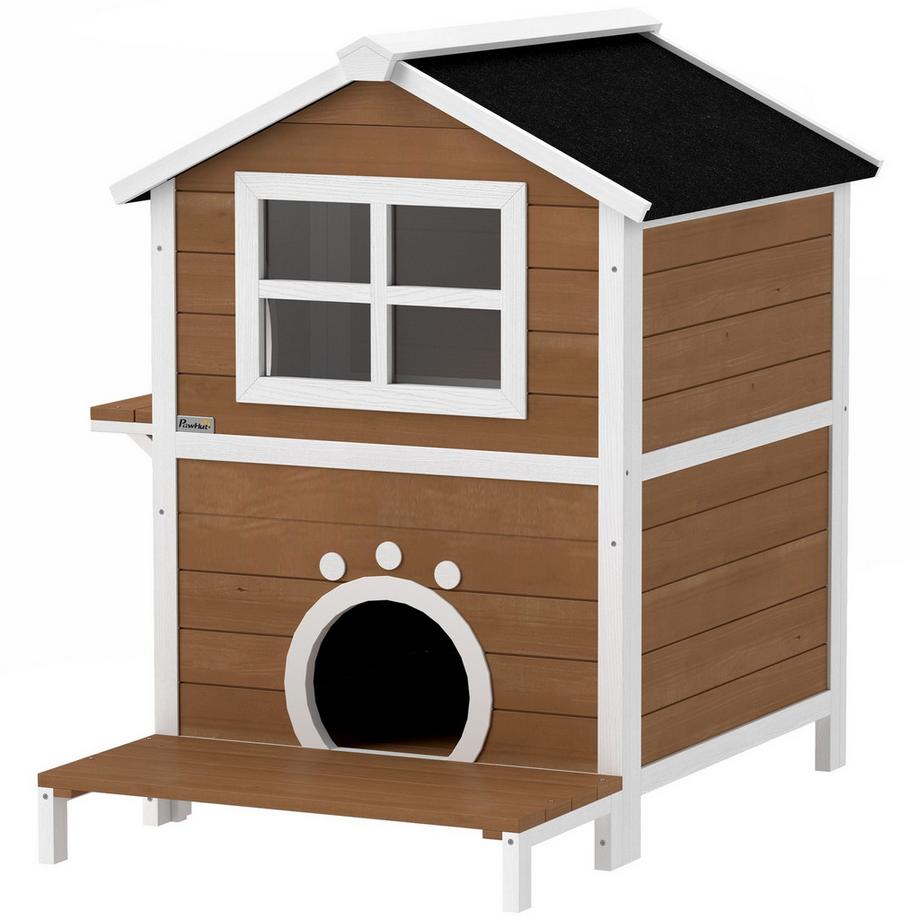 Northio  Katzenhaus aus Holz Katzenhöhle mit Fenster, Balkon, Wetterfest Katzenhütte mit 2 Ebenen, herausnehmbarem Boden, für 1-2 Katzen, Indoor, Outdoor, 66 x 66 x 90 cm, Braun 