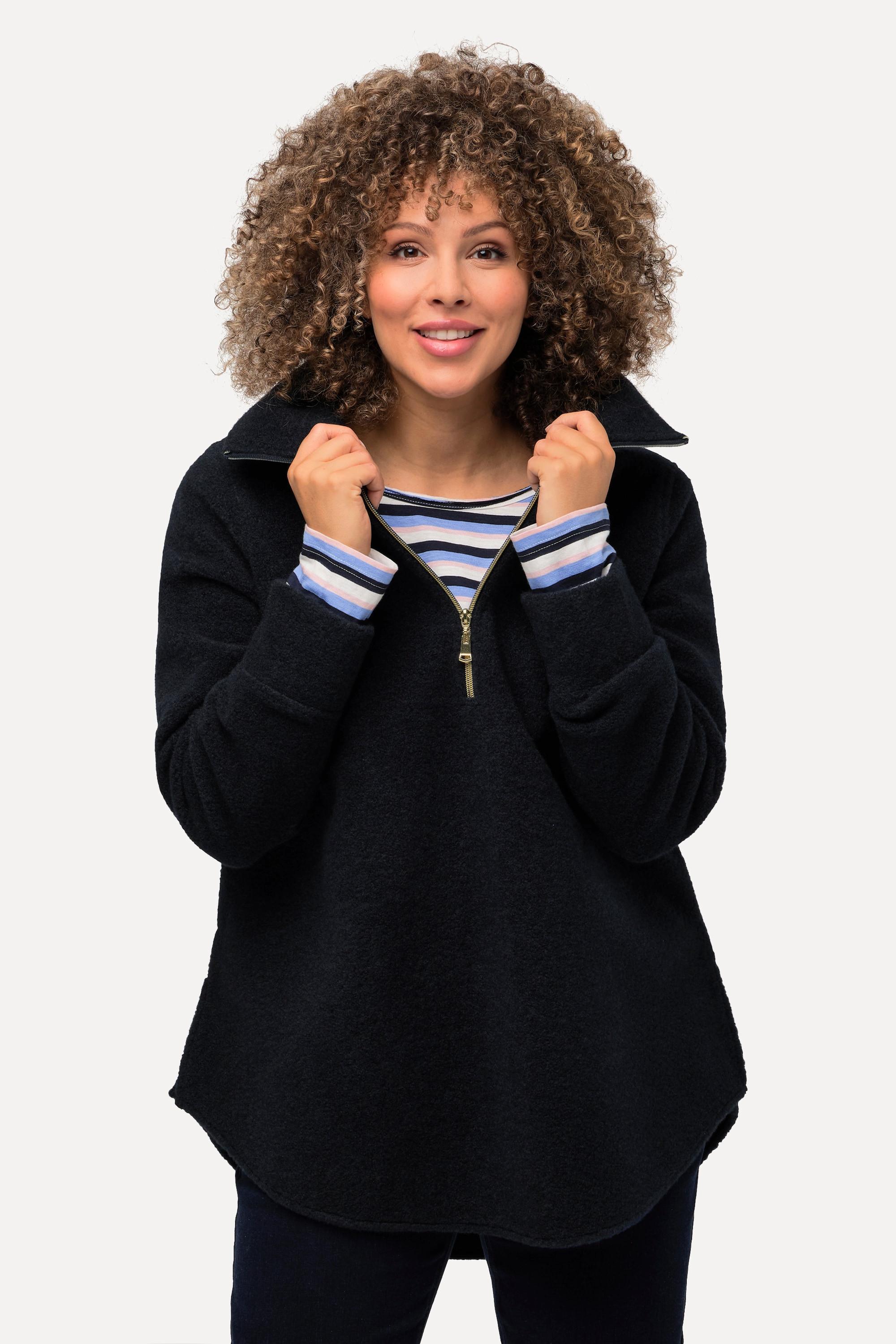 Ulla Popken  Sweat-shirt en polaire à col montant et manches longues, fermeture à glissière - silhouette en A 