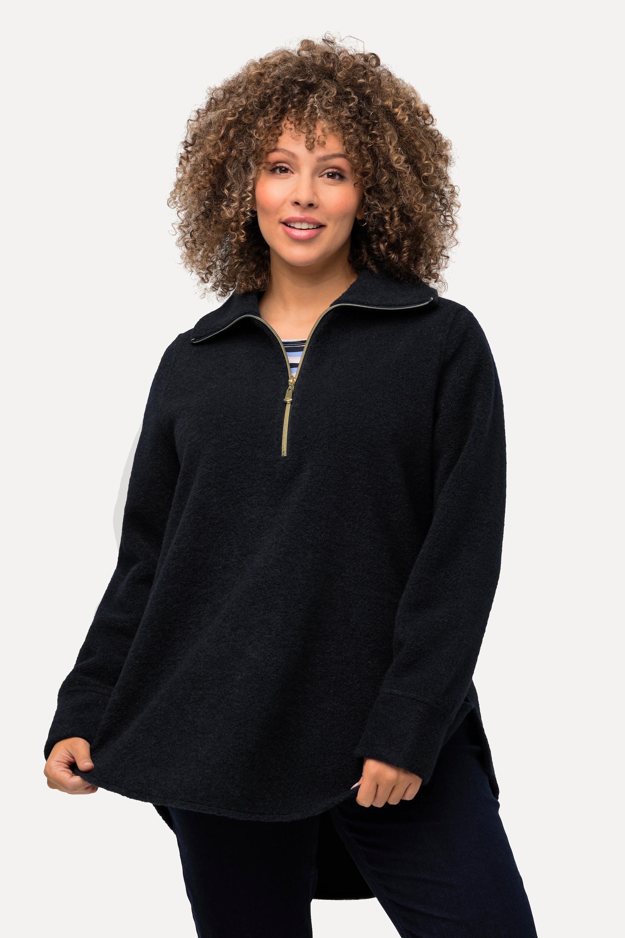 Ulla Popken  Sweat-shirt en polaire à col montant et manches longues, fermeture à glissière - silhouette en A 