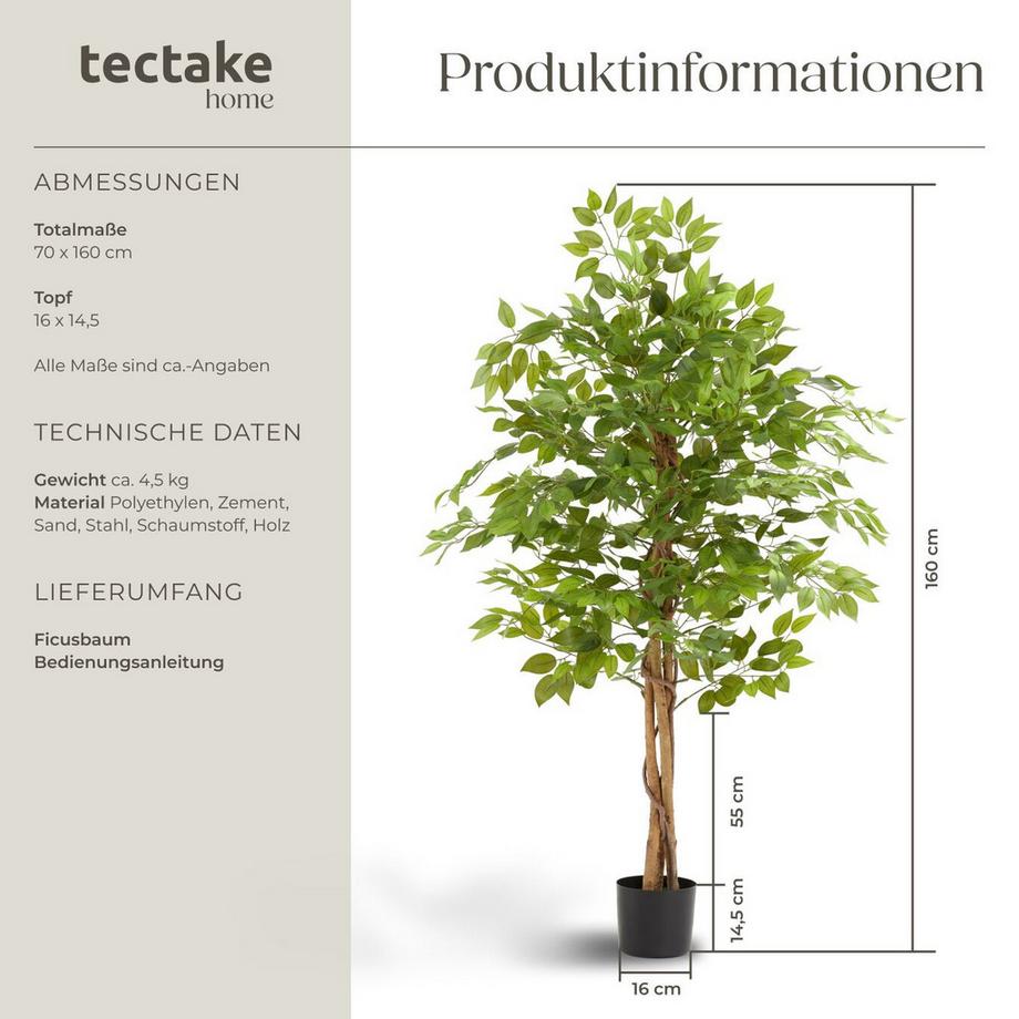 Tectake Künstlicher Ficusbaum Fida verschiedene Größen detailliert und naturgetreu  