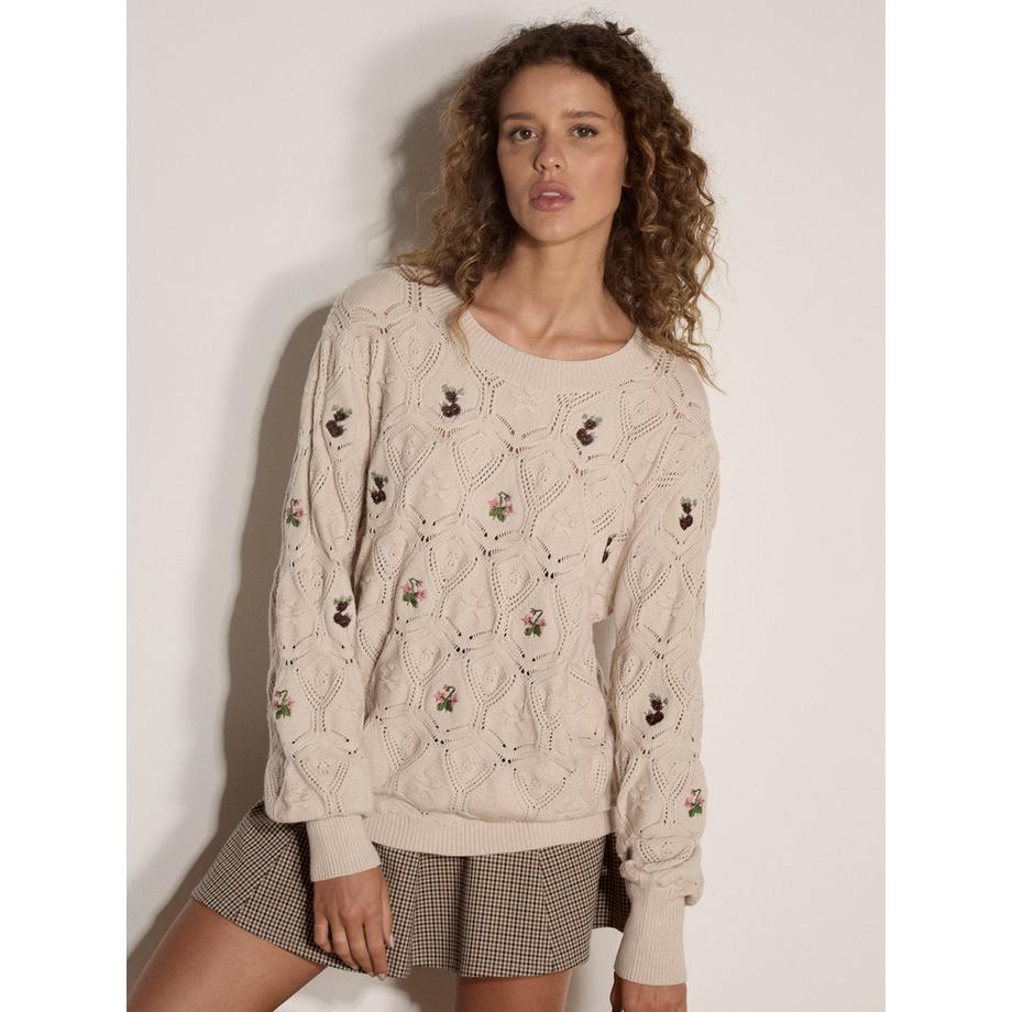 Pointelle Knit Floral Embroidered Jumper