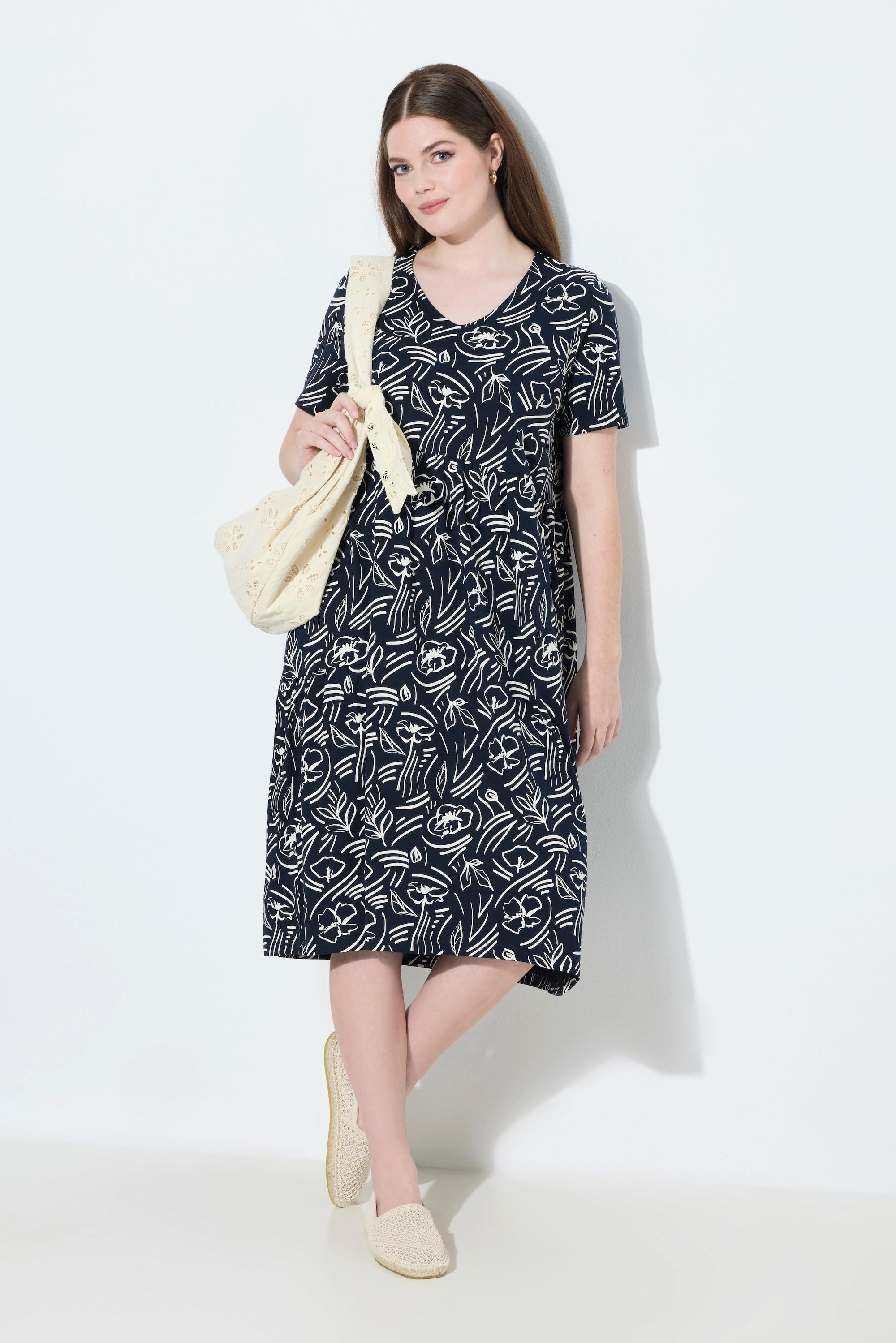 Ulla Popken Midi Blüten V-Ausschnitt Halbarm Biobaumwolle Kleid  