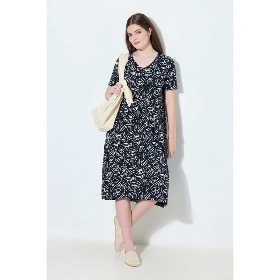 Ulla Popken Robe Midi Fleurie Décolleté en V Manches Courtes Coton Bio  