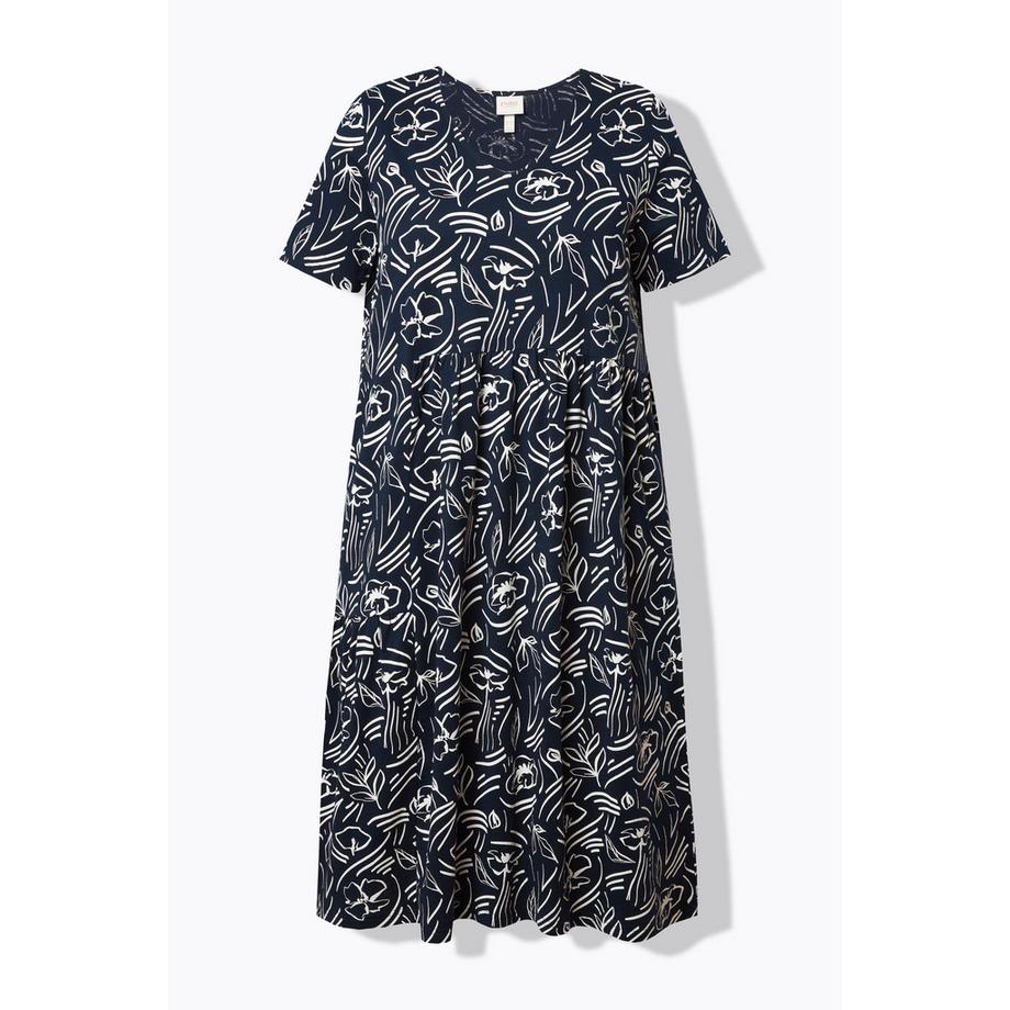 Ulla Popken Robe Midi Fleurie Décolleté en V Manches Courtes Coton Bio  