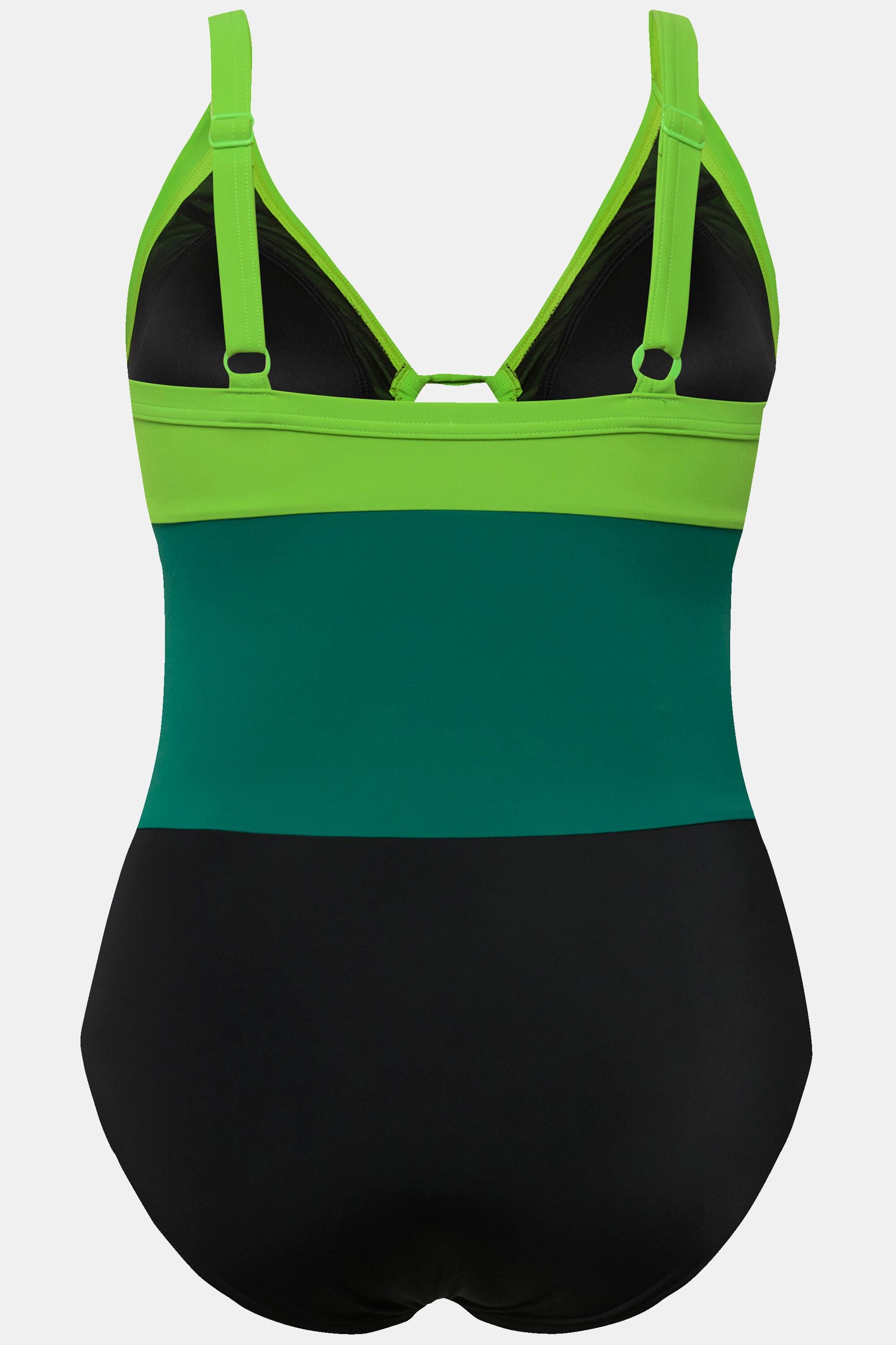 Ulla Popken  Maillot de bain esprit colour block, bonnets souples. Matière recyclée et découpes. 