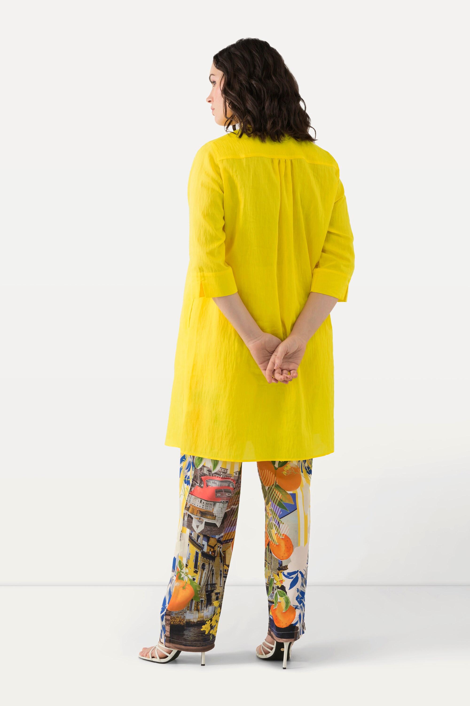 Ulla Popken Blusa lunga in misto lino taglio svasato collo camicia maniche 3/4  