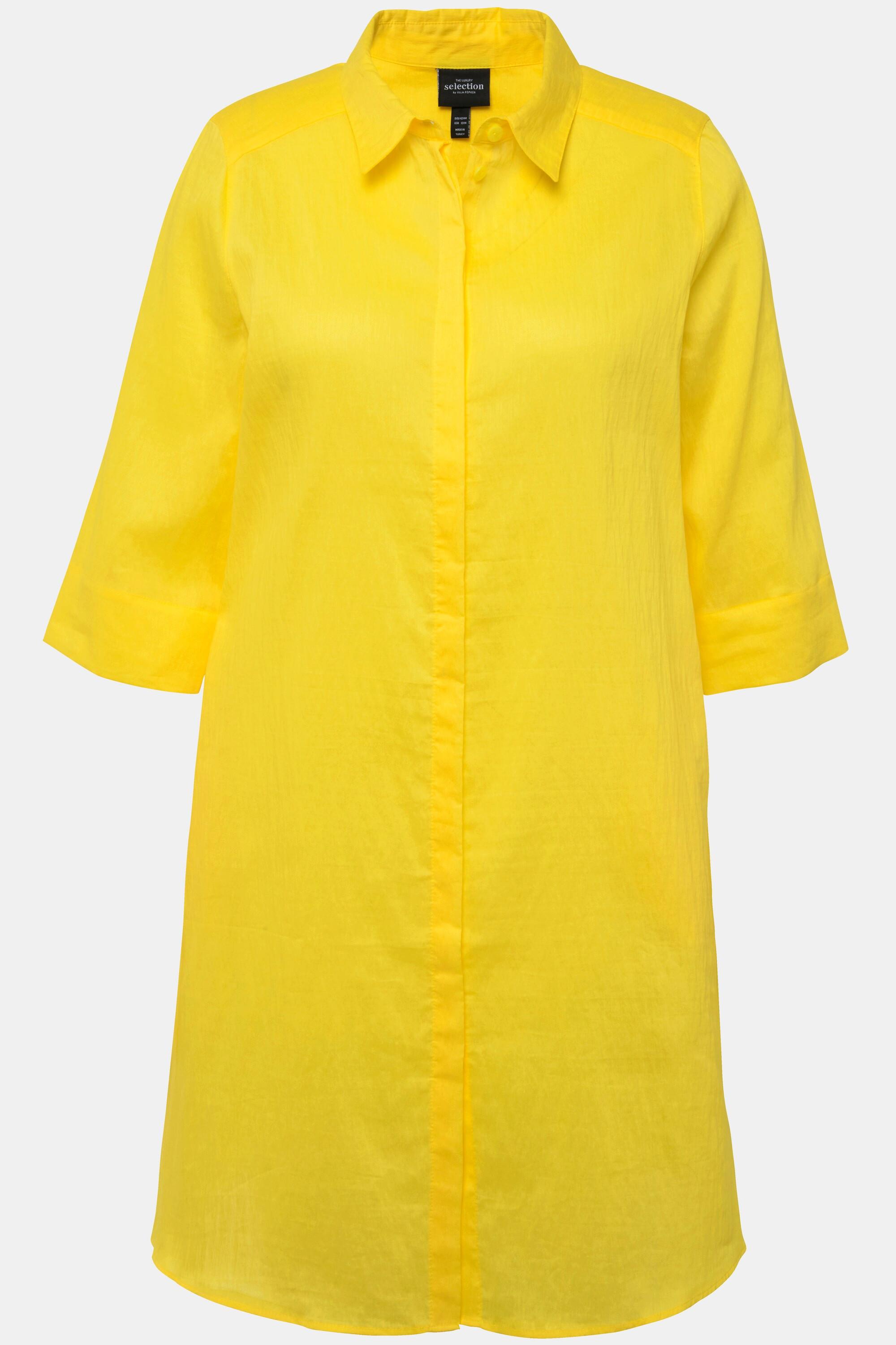 Ulla Popken Blusa lunga in misto lino taglio svasato collo camicia maniche 3/4  