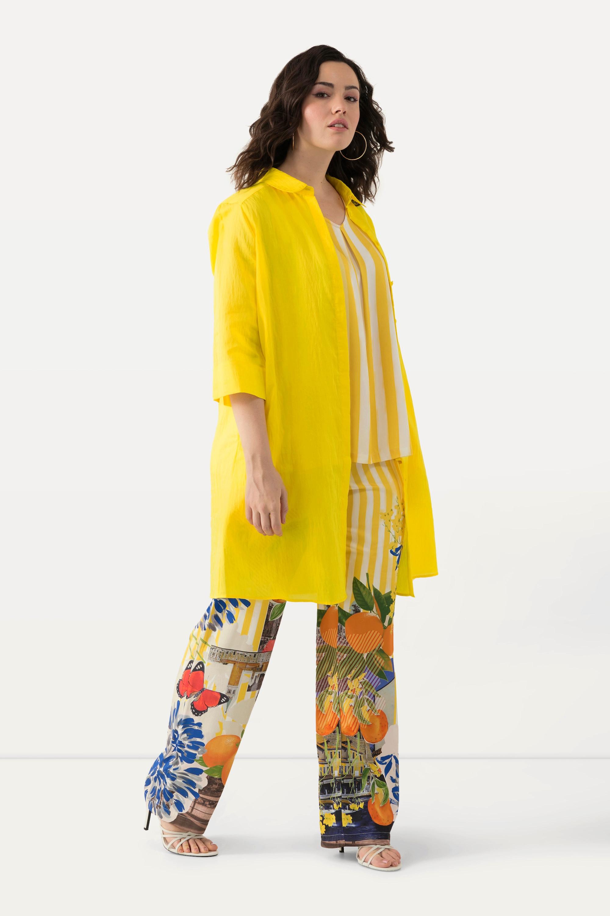 Ulla Popken Blusa lunga in misto lino taglio svasato collo camicia maniche 3/4  