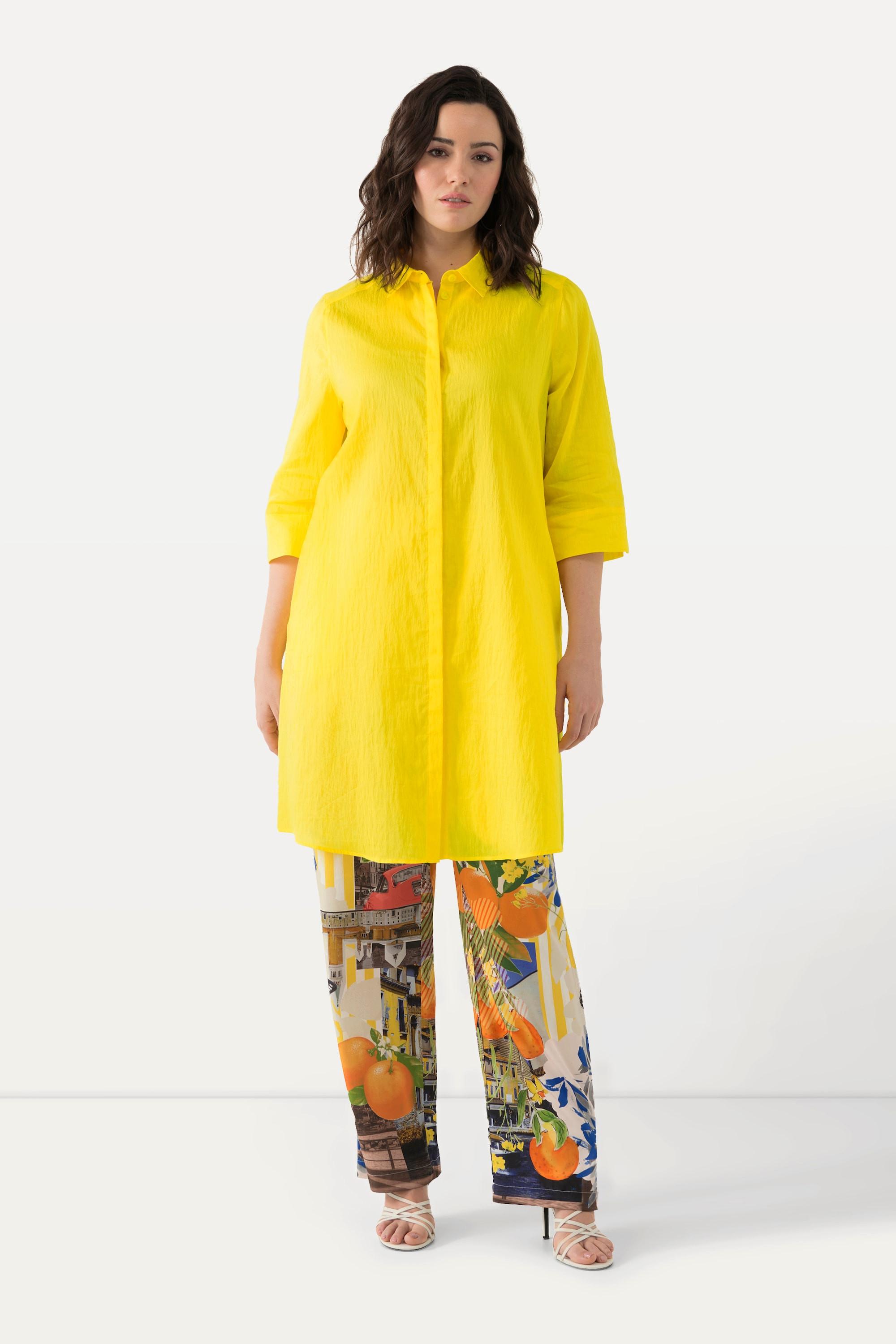 Ulla Popken Blusa lunga in misto lino taglio svasato collo camicia maniche 3/4  