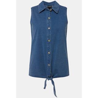 Ulla Popken  Top smanicato di jersey con effetto jeans, orlo con nodo e collo da camicia 