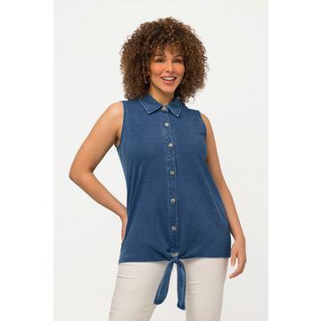 Top smanicato di jersey con effetto jeans, orlo con nodo e collo da camicia