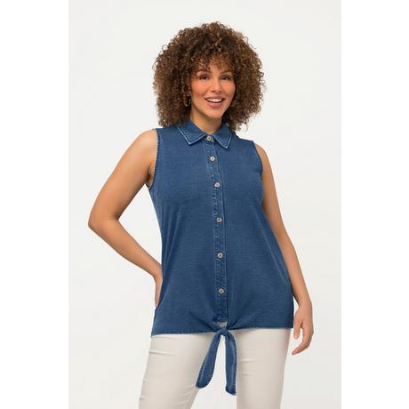 Ulla Popken  Top smanicato di jersey con effetto jeans, orlo con nodo e collo da camicia 