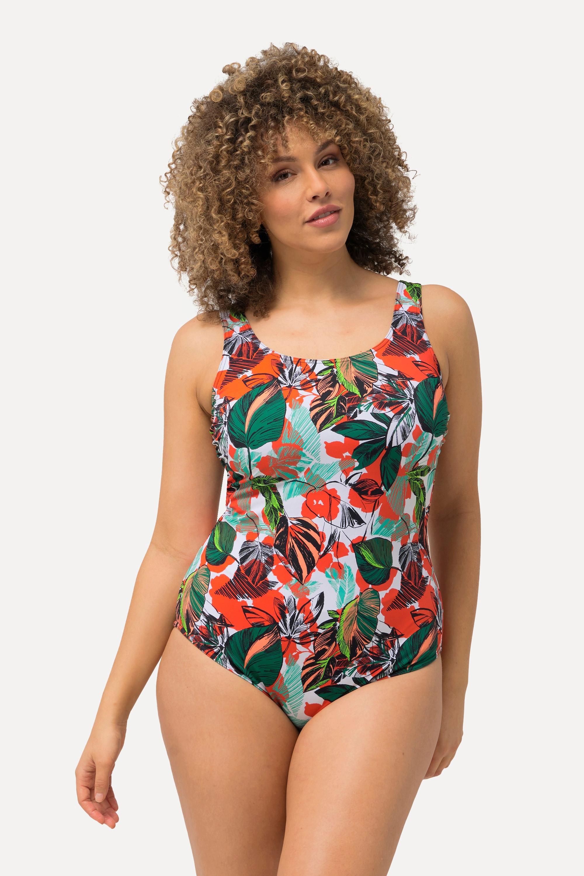 Ulla Popken  Maillot de bain sans bonnets souples, motif feuilles, décolleté rond 