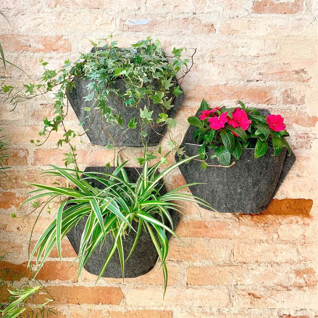 CitySens 3 Pack Wall Planters; black planter; gray textile cover  