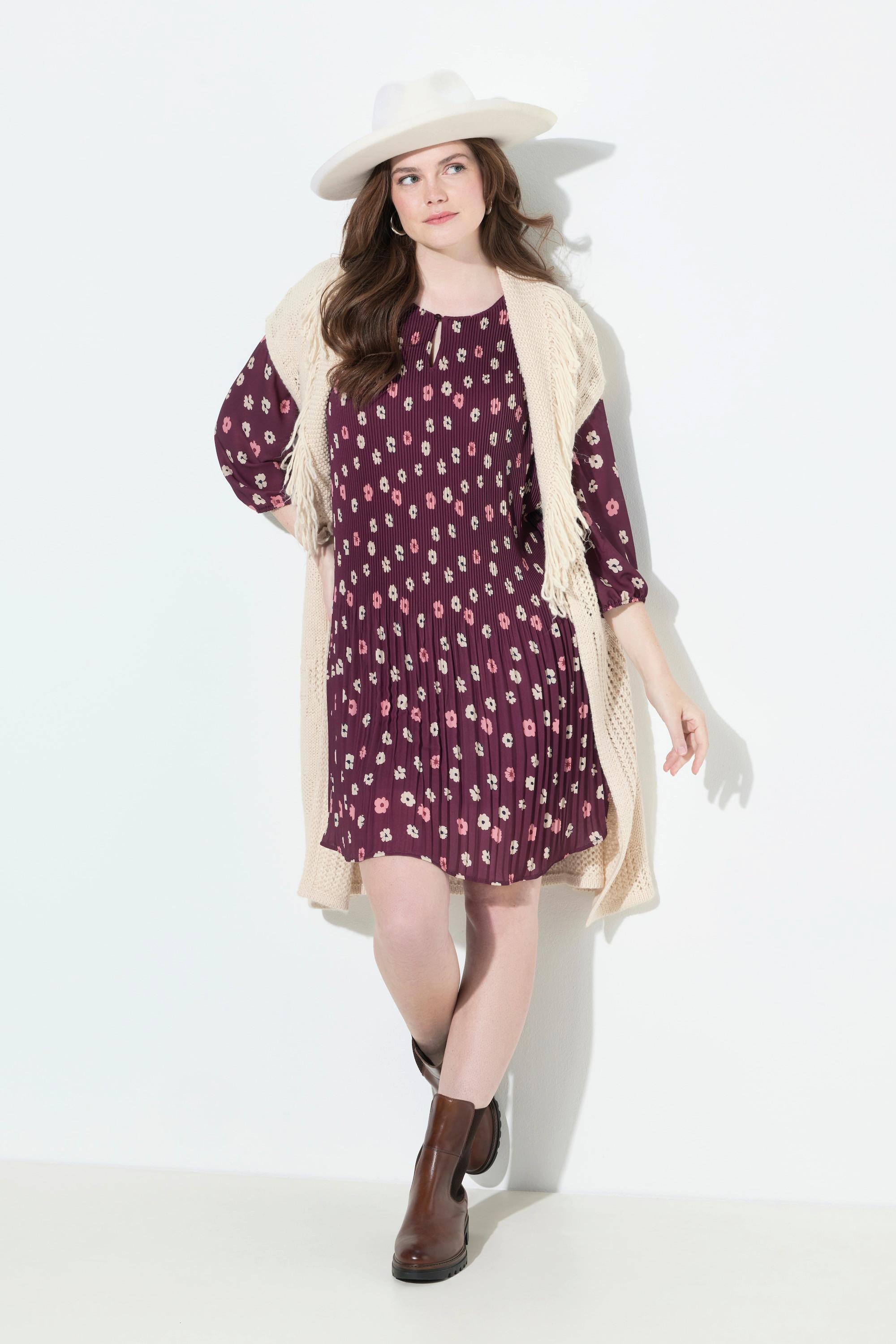 Ulla Popken Robe Plissée Fleurie Doublée Col Rond Manches 3/4  