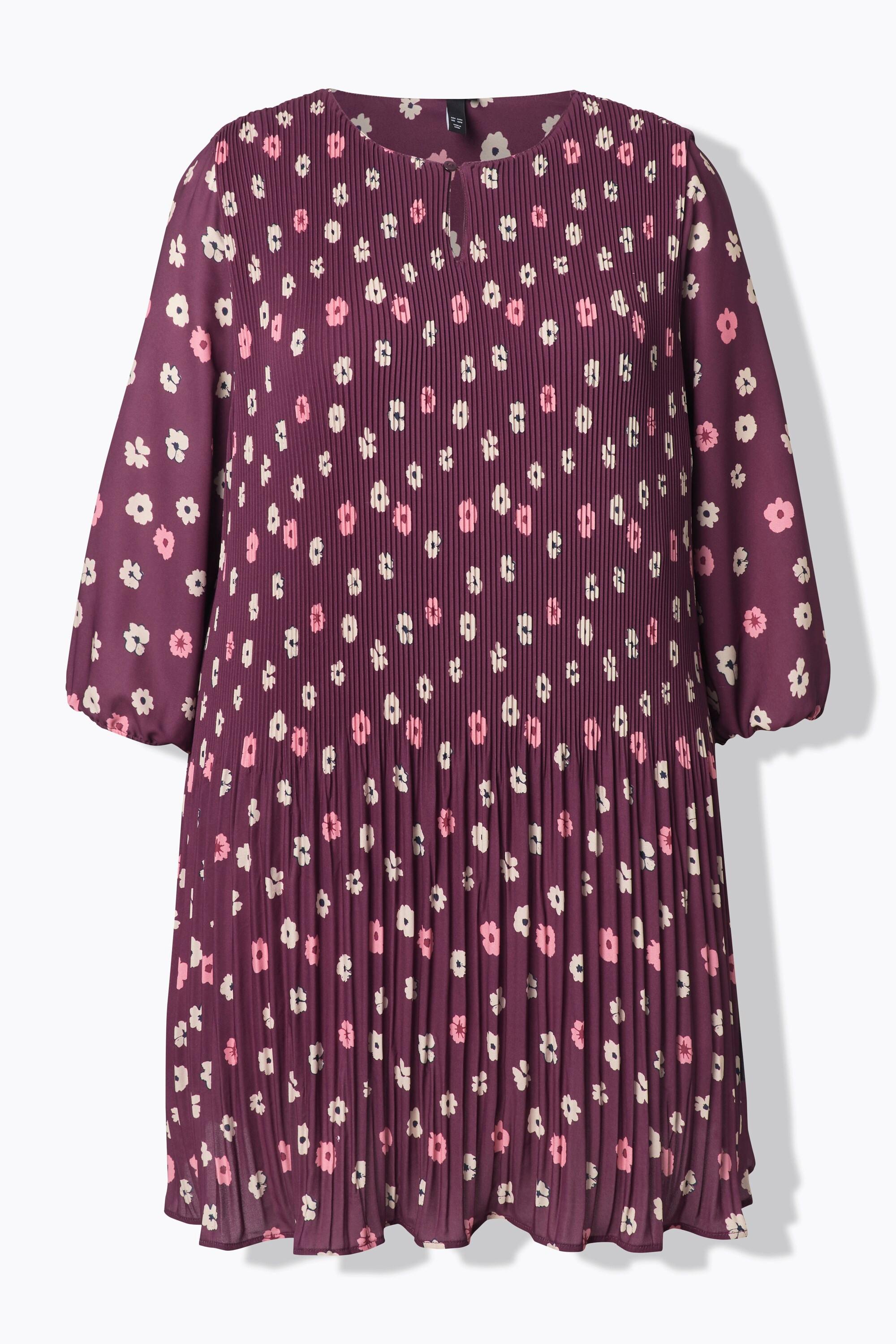 Ulla Popken Robe Plissée Fleurie Doublée Col Rond Manches 3/4  