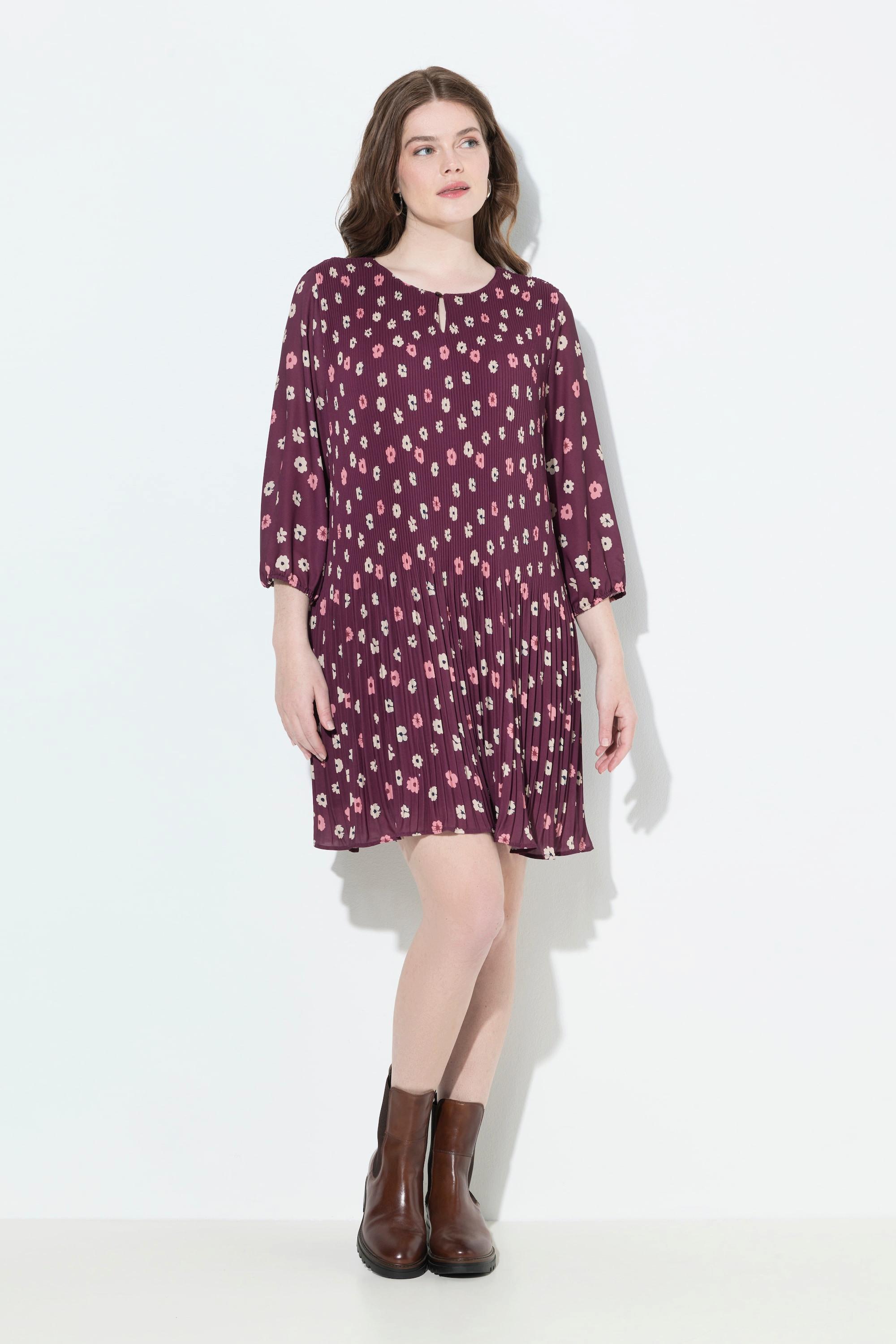 Ulla Popken Robe Plissée Fleurie Doublée Col Rond Manches 3/4  