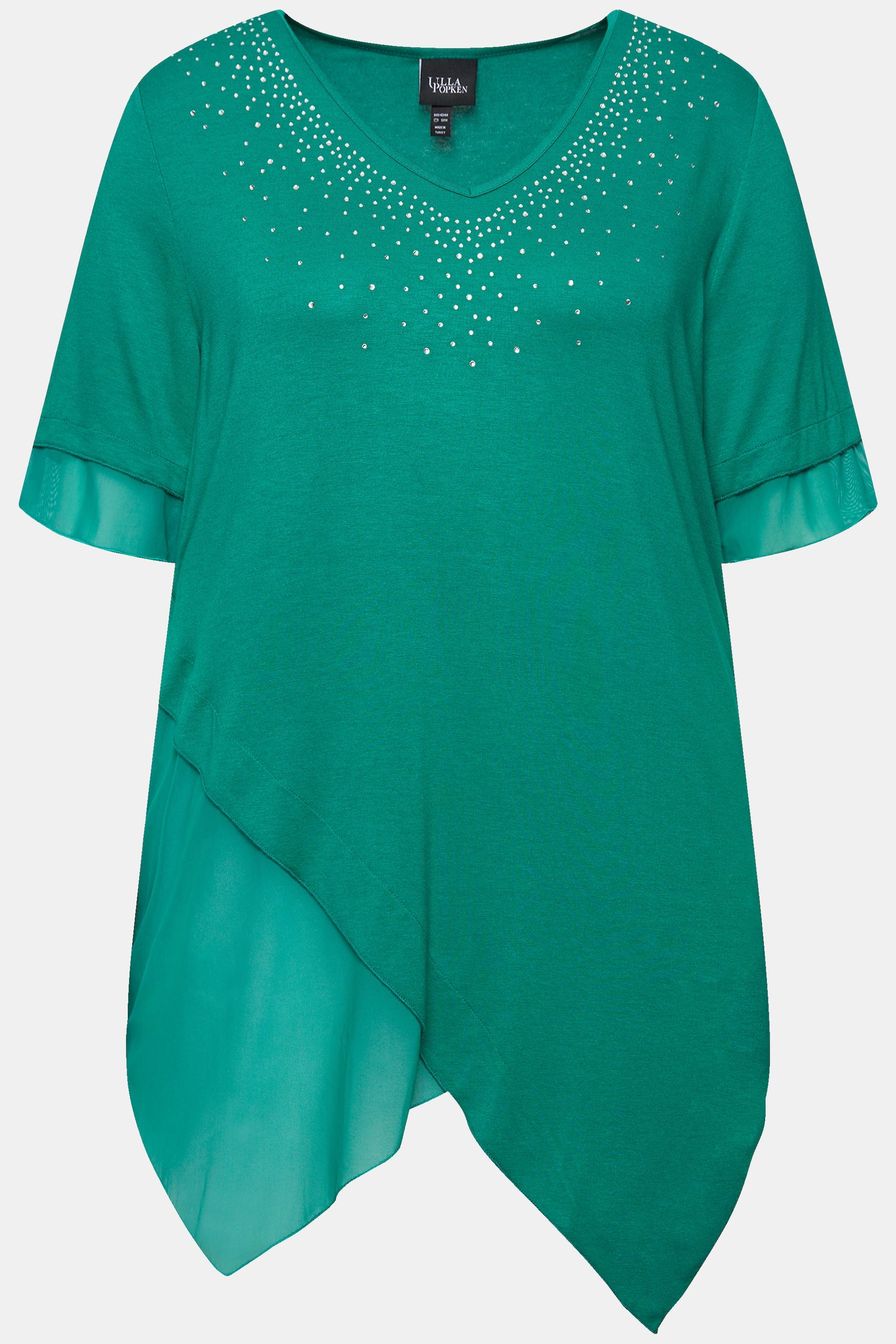 Ulla Popken Blusa Effetto Stratificato Mesh Jersey Orlo Asimmetrico  