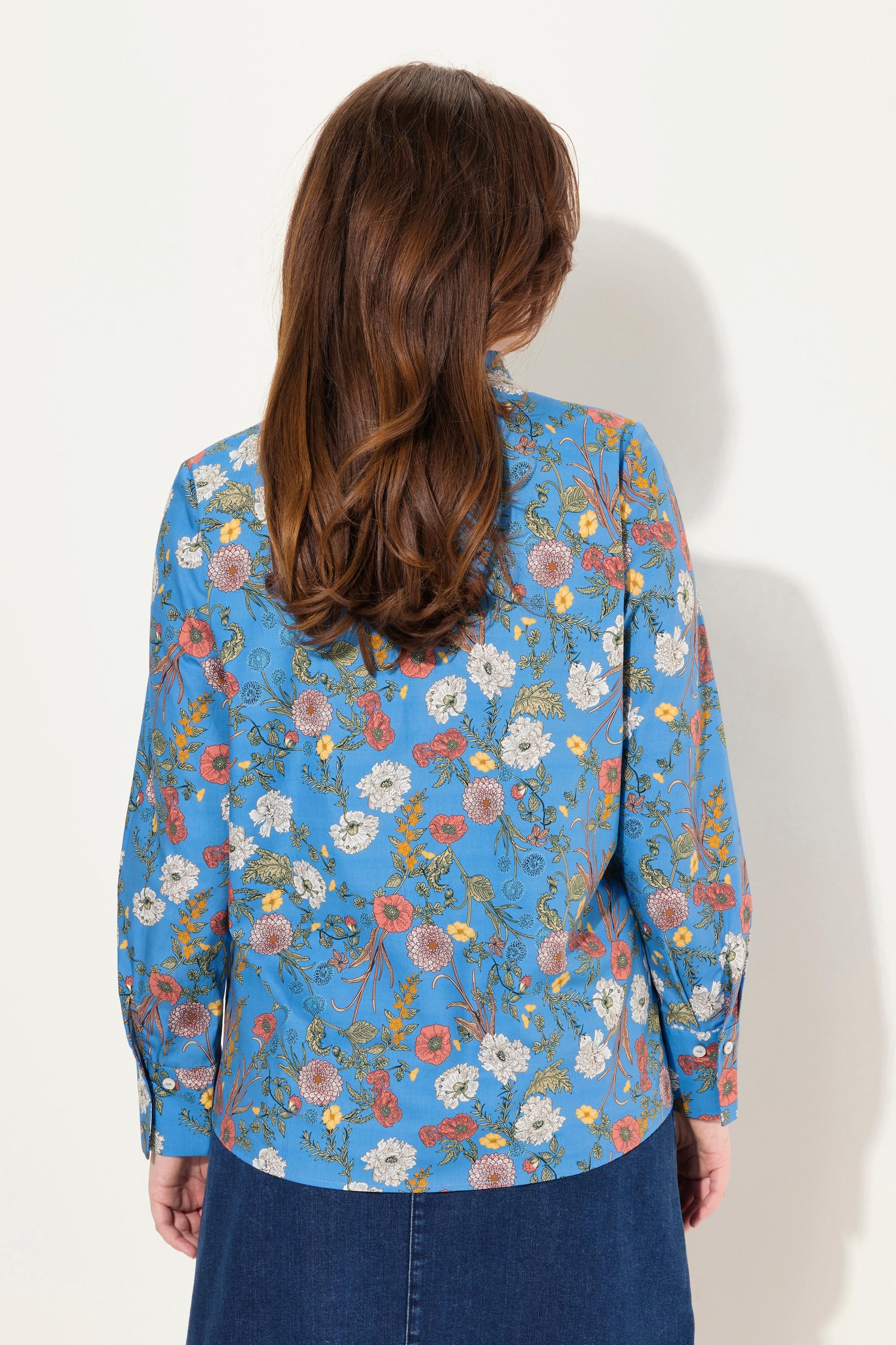 Ulla Popken  Blusa con fiori, collo montante, scollatura a V e maniche lunghe 