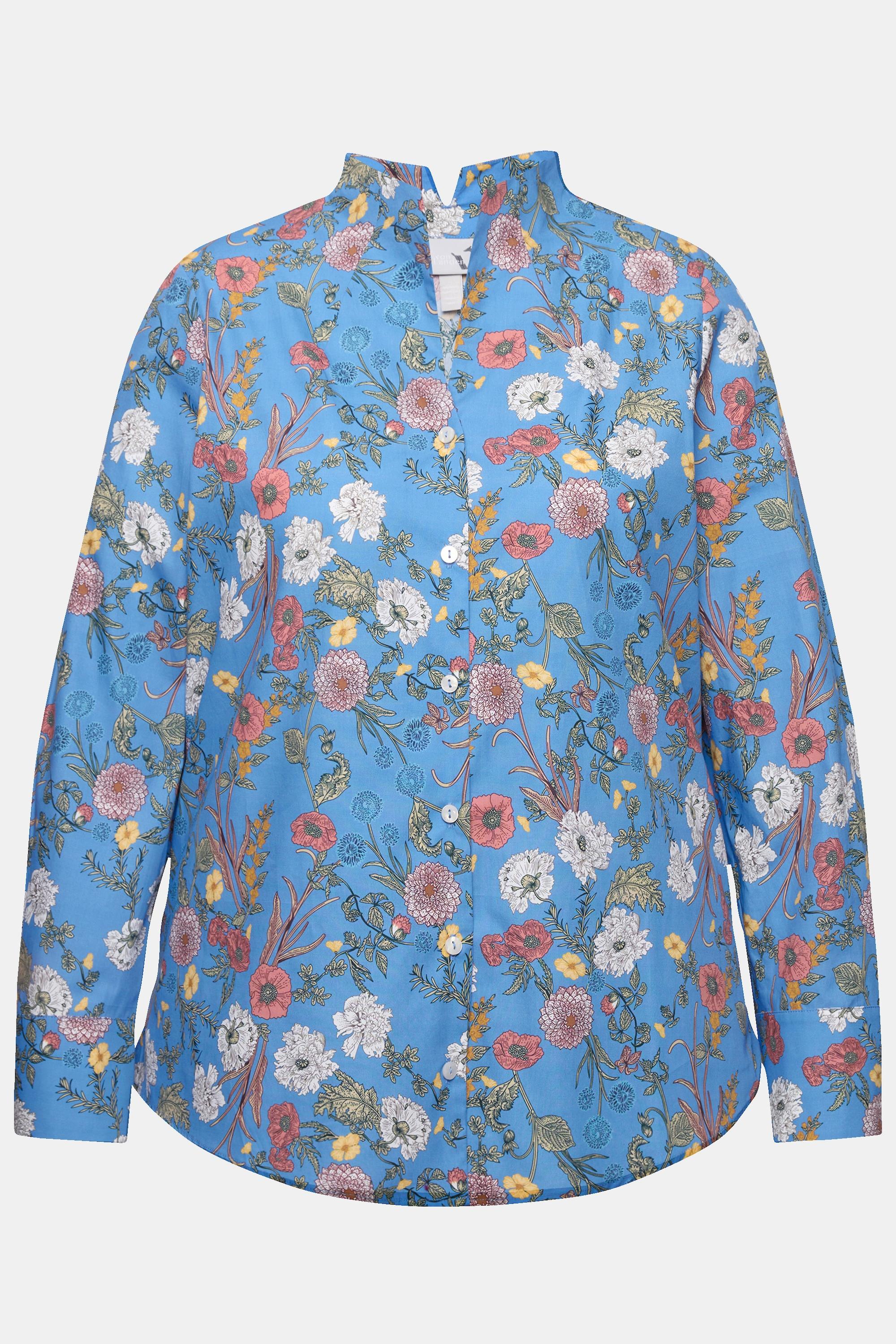 Ulla Popken  Blusa con fiori, collo montante, scollatura a V e maniche lunghe 