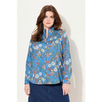 Blusa con fiori, collo montante, scollatura a V e maniche lunghe