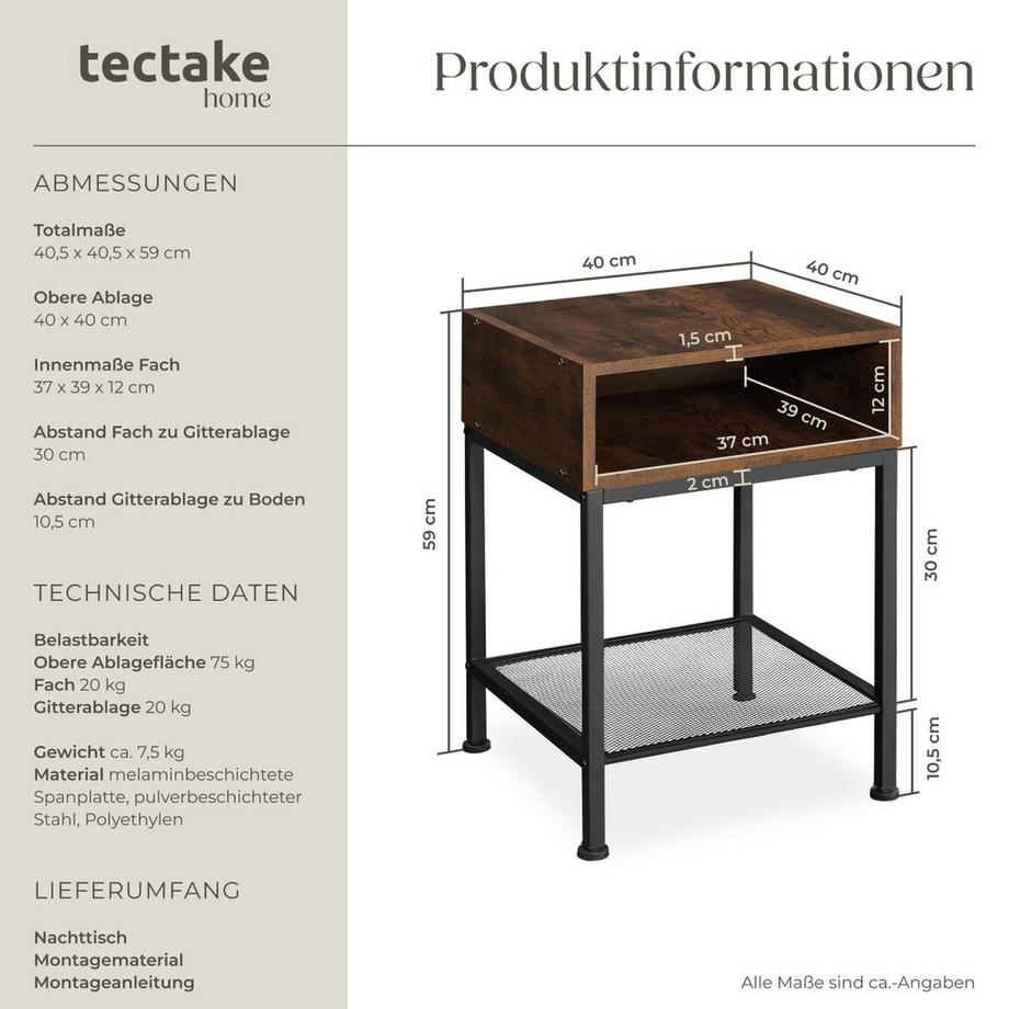 Tectake Nachttisch Harlow Industrial Style Holz und Stahl  
