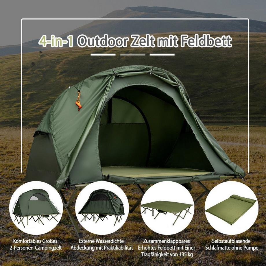 Northix  4 in 1 Campingzelt Set für 2 Personen mit Abdeckung und Matratze 194 x 146 x 160 cm Grün 