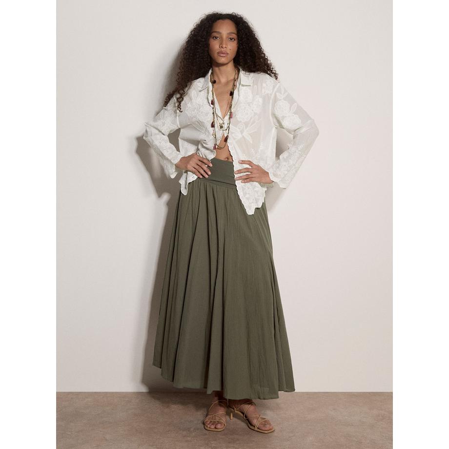 Jupe mi-longue en coton avec ceinture en jersey
