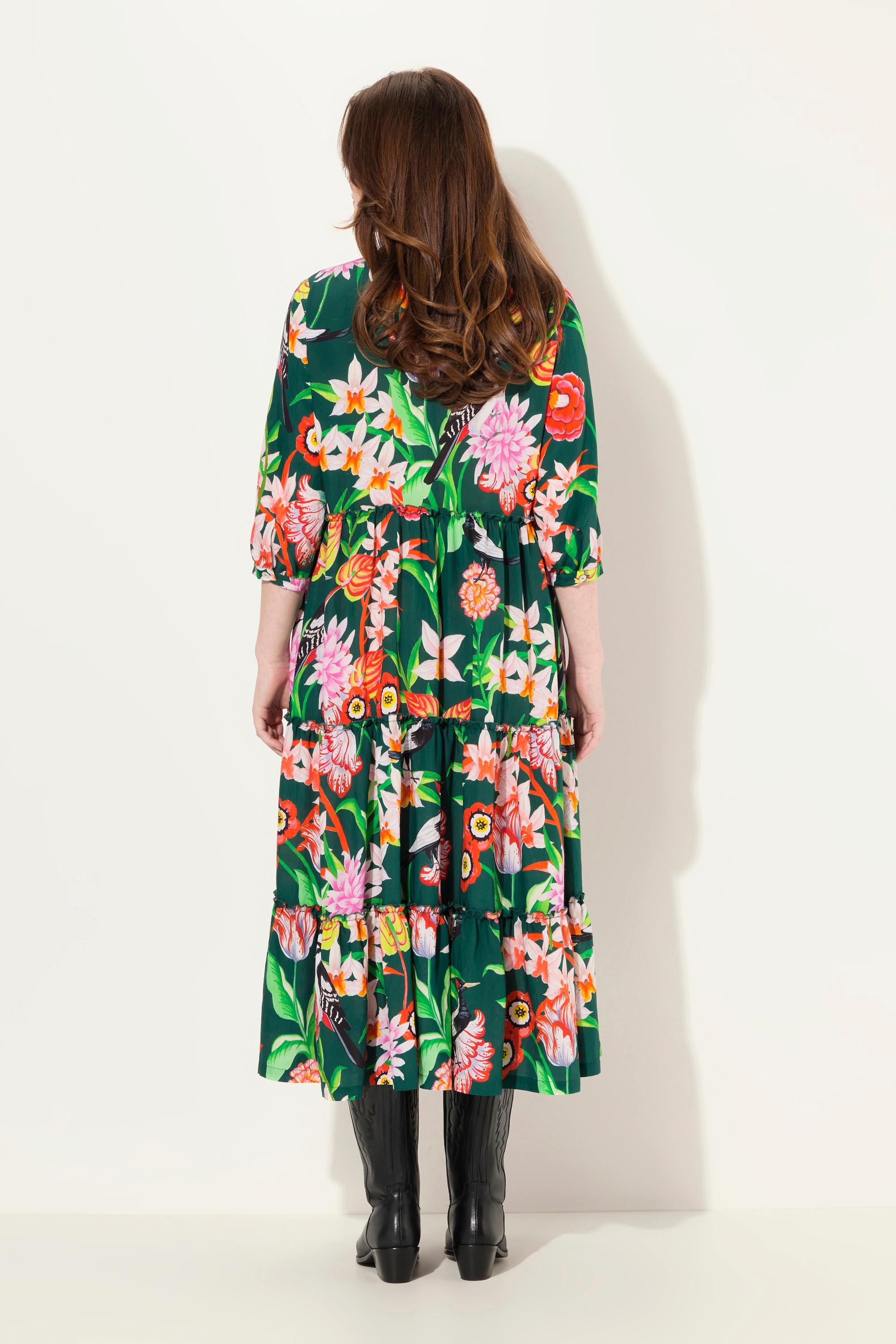 Ulla Popken Robe Maxi Col Montant Décolleté V Manches 3/4 Boutons  